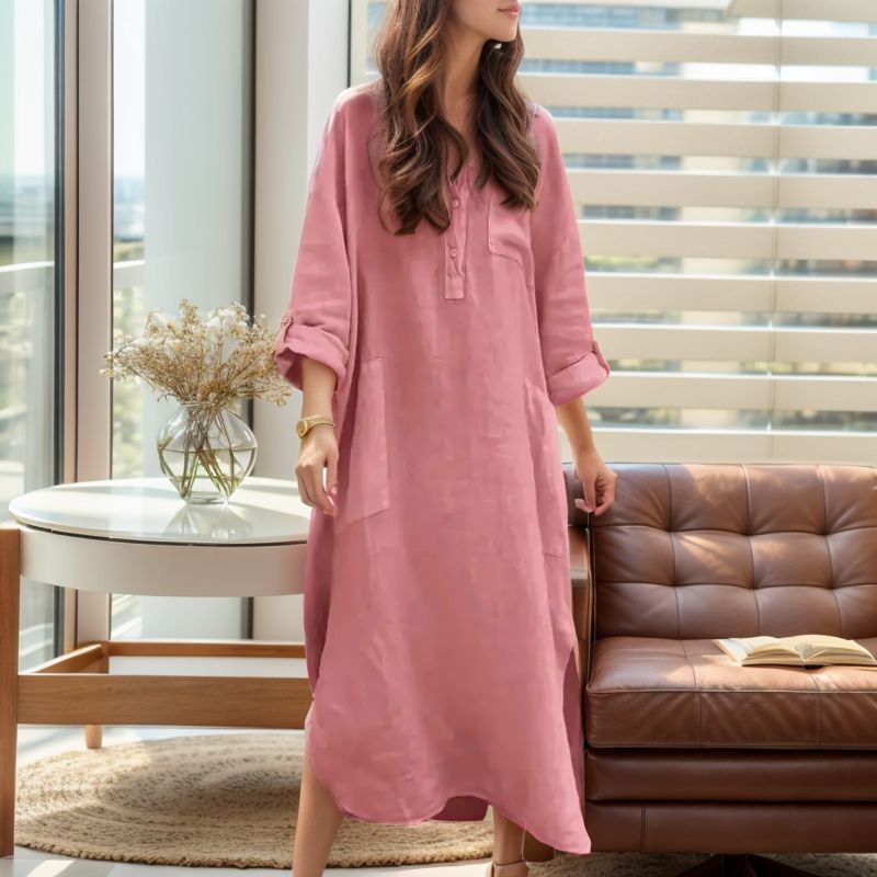 Vestido Ellorah™ em Linho com Botões Naturais e Silhueta Fluida / Liberdade e Elegância Para Quem Vive no Próprio Ritmo!