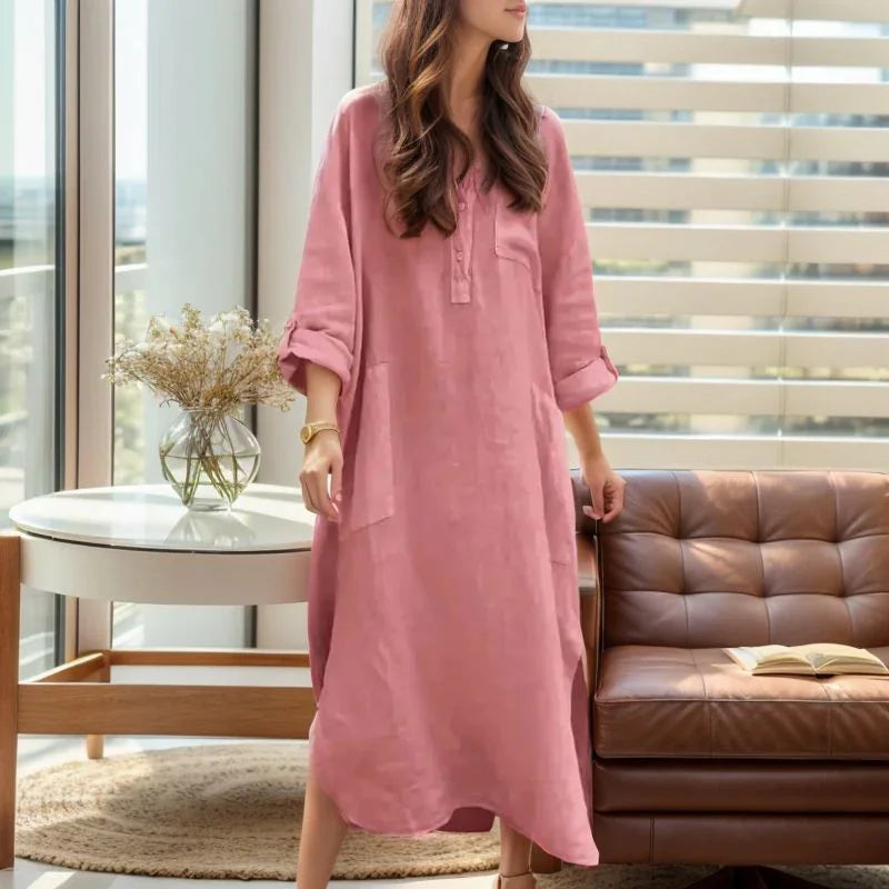 Vestido Ellorah™ em Linho com Botões Naturais e Silhueta Fluida / Liberdade e Elegância Para Quem Vive no Próprio Ritmo!