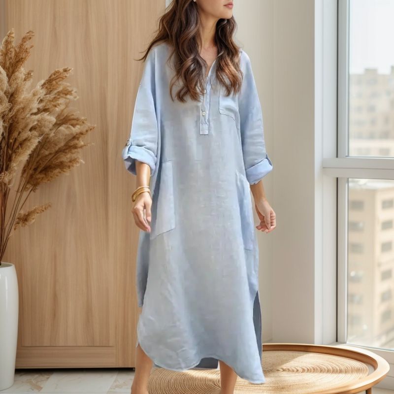 Vestido Ellorah™ em Linho com Botões Naturais e Silhueta Fluida / Liberdade e Elegância Para Quem Vive no Próprio Ritmo!
