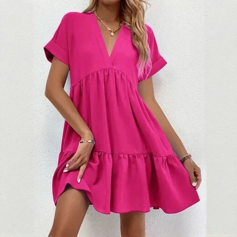 Vestido Viviê™ em Viscose Leve com Babado Amplo e Gola V / Delicadeza Atemporal com Caimento Livre e Sofisticado!