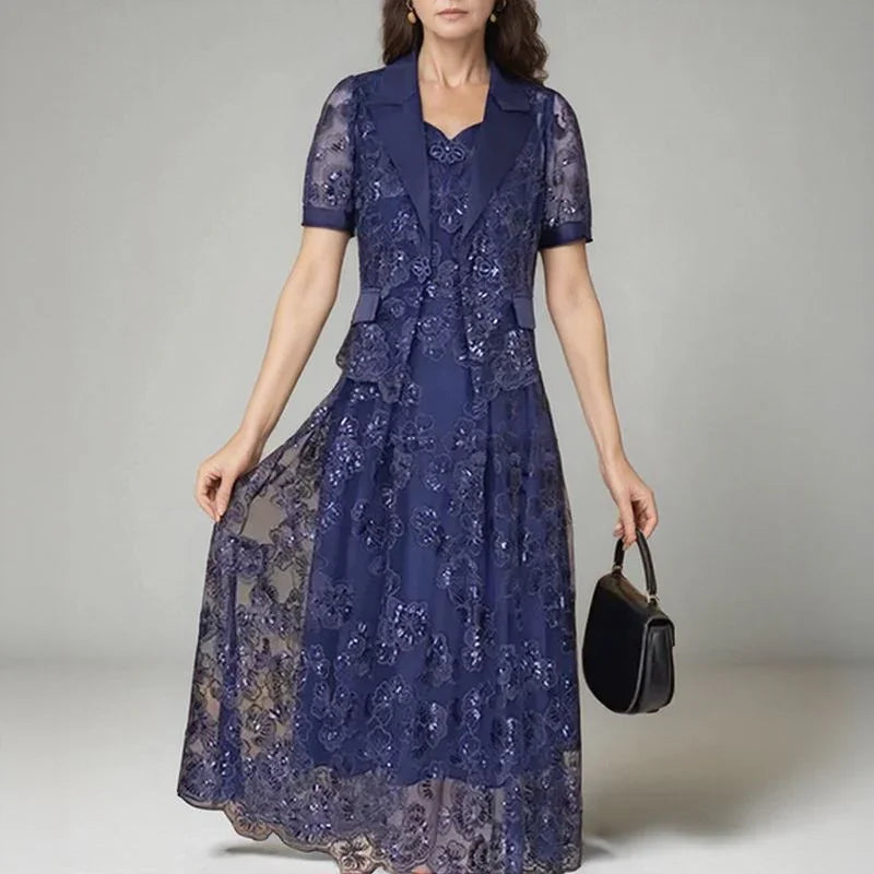 Vestido Clara Belle™ com Blazer Removível e Rendas Florais / Delicadeza Luxuosa em Cada Detalhe!