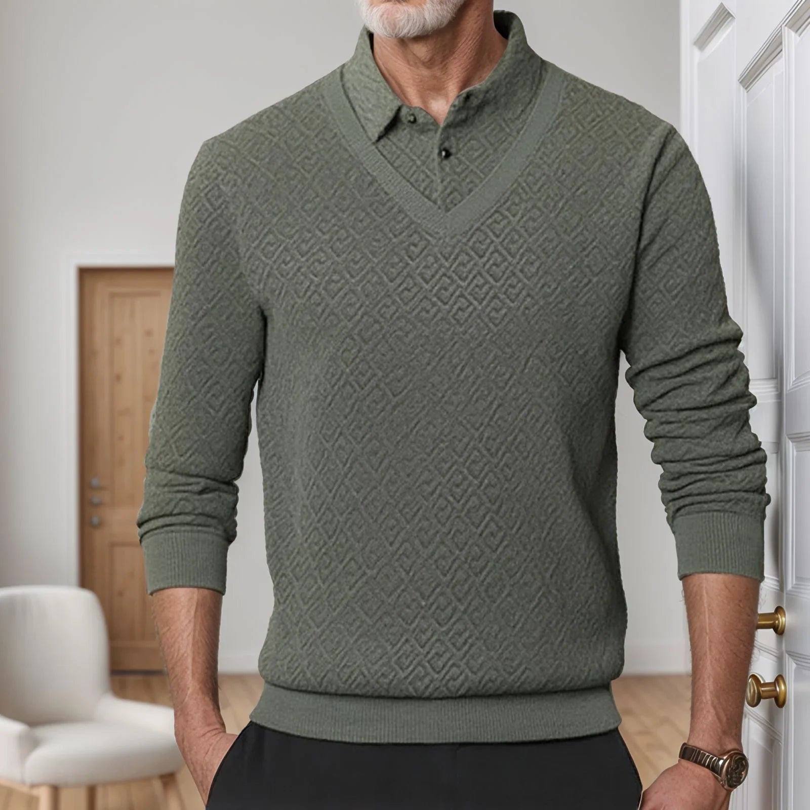 Camisa Winston™ com Suéter Embutido e Textura Trançada / Efeito Sobreposto com Estilo e Refinamento em Uma Só Peça!