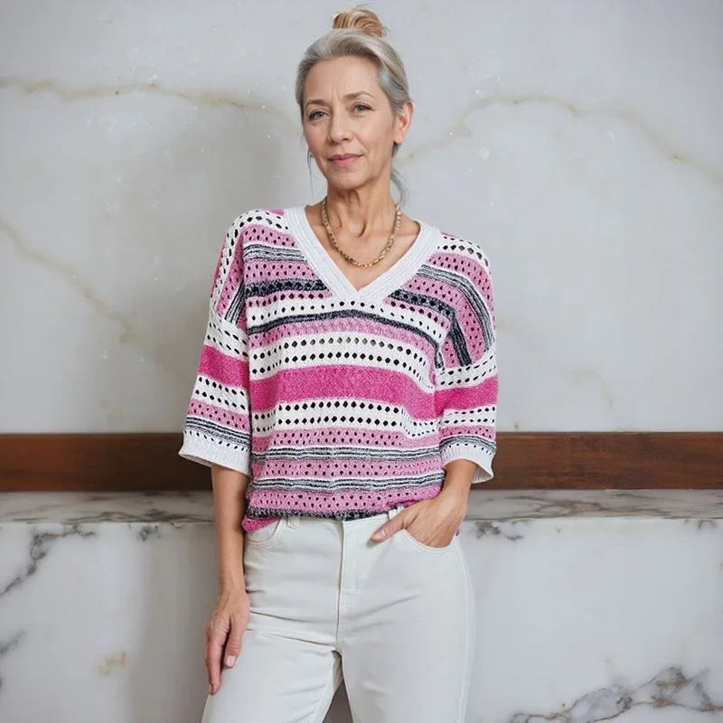 Blusa Stella™ em Tricô Vazado com Listras Elegantes / A Peça-Curinga das Quatro Estações