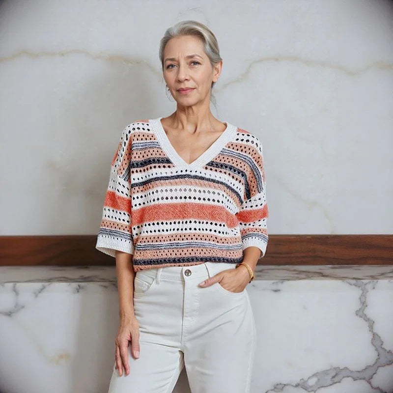 Blusa Stella™ em Tricô Vazado com Listras Elegantes / A Peça-Curinga das Quatro Estações