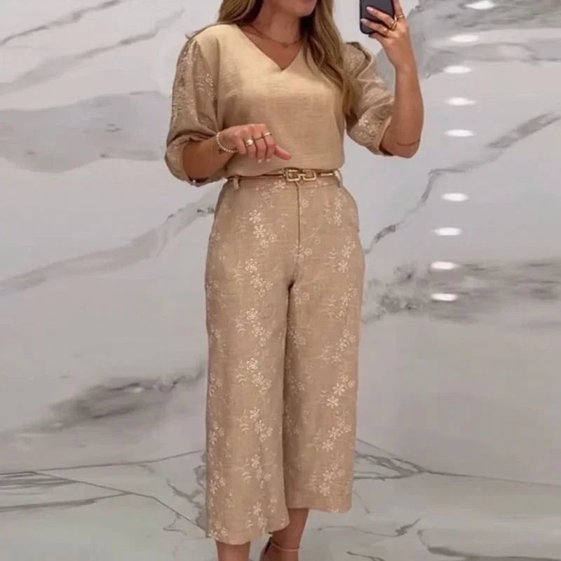 Conjunto Gaia™ em Linho Misto Floral com Toque Artesanal / O Luxo do Simples Feito com Arte!