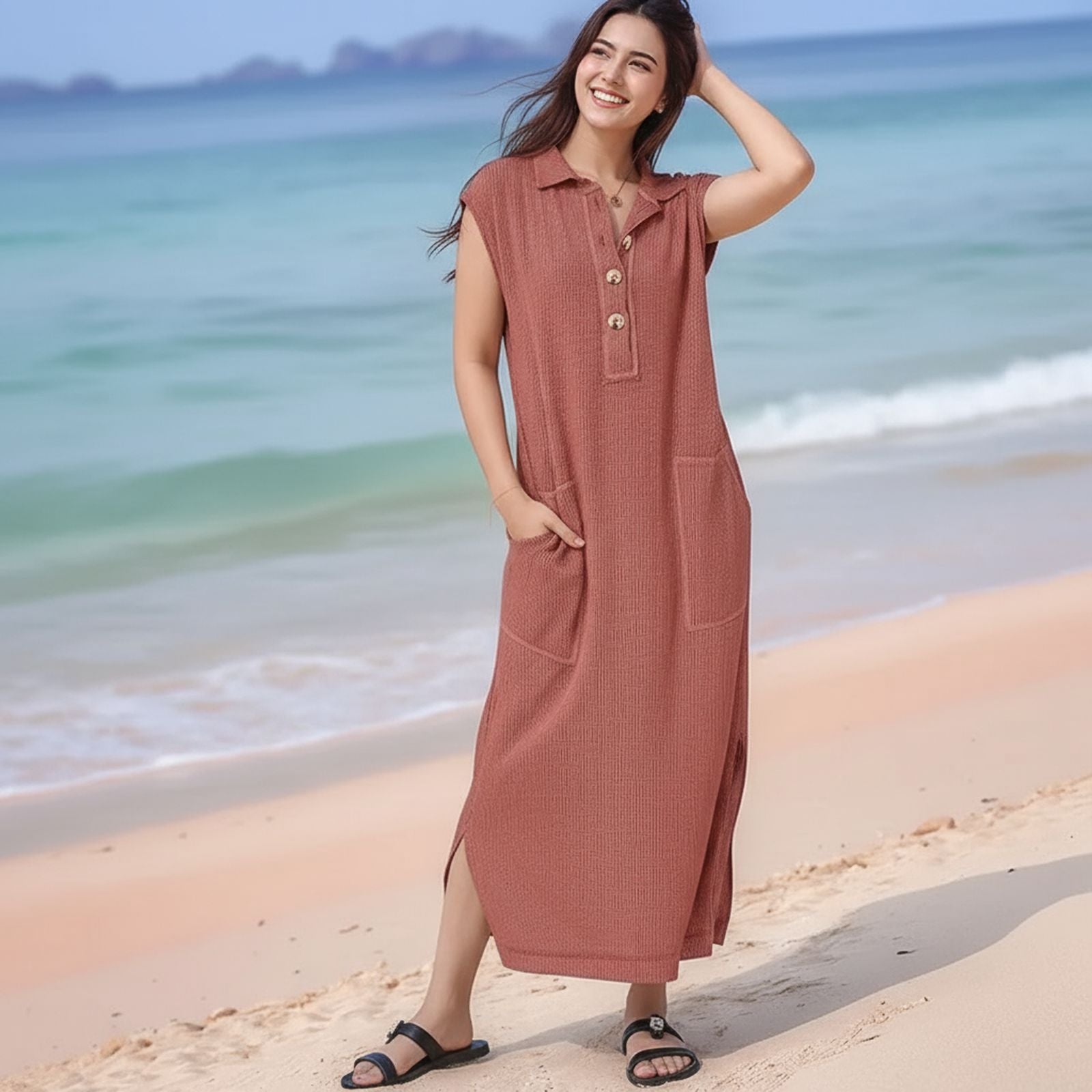 Vestido Lucelli™ Em Tecido Modal Plissado com Acabamento Artesanal / Nova Tendência Verão 2025/2026