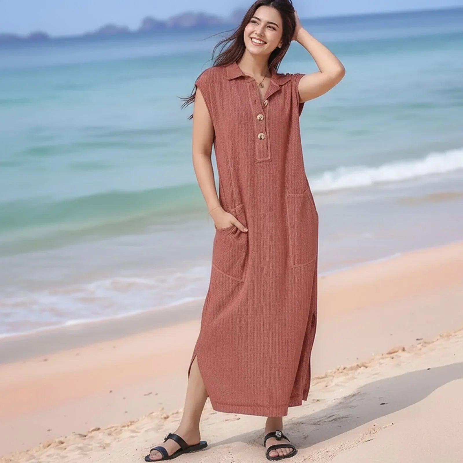 Vestido Lucelli™ Em Tecido Modal Plissado com Acabamento Artesanal / Nova Tendência Verão 2025/2026