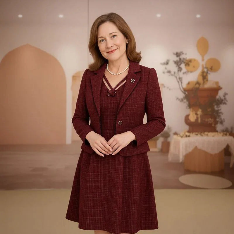 Conjunto La Vittoria™ com Blazer Estruturado e Vestido com Decote Ornamental / Presença, Estilo e Sofisticação Atemporal!