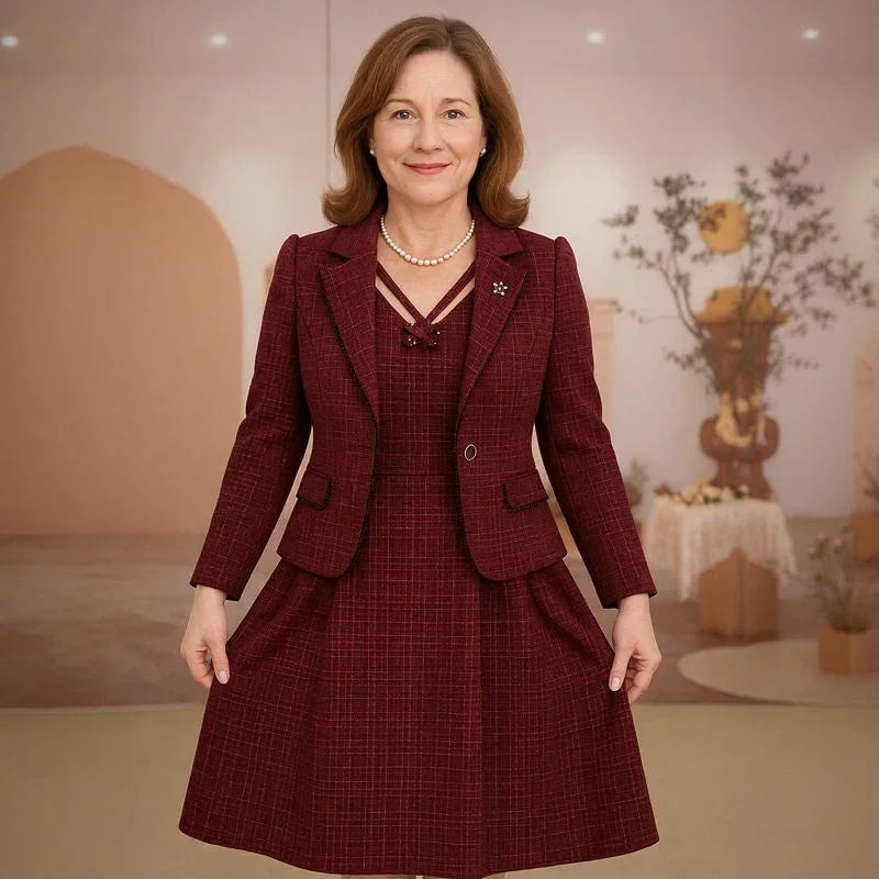 Conjunto La Vittoria™ com Blazer Estruturado e Vestido com Decote Ornamental / Presença, Estilo e Sofisticação Atemporal!