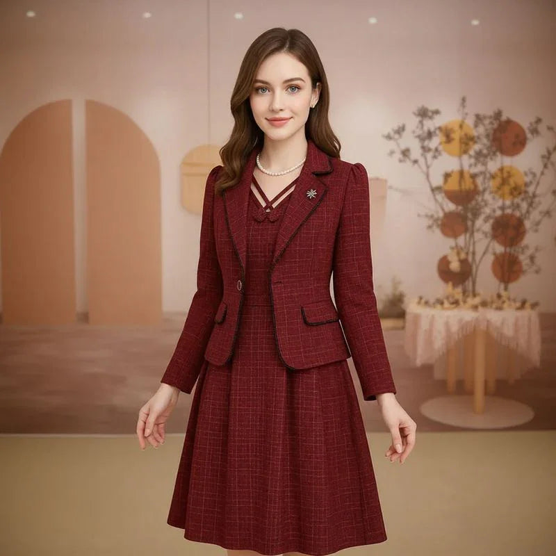 Conjunto La Vittoria™ com Blazer Estruturado e Vestido com Decote Ornamental / Presença, Estilo e Sofisticação Atemporal!