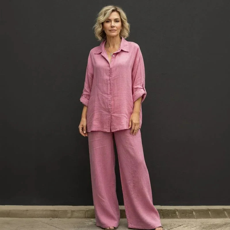 Conjunto Costa Serena™ em Linho de Algodão / Camisa Solta & Pantalona Ampla que Transmitem Leveza!