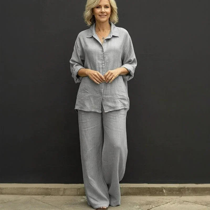 Conjunto Costa Serena™ em Linho de Algodão / Camisa Solta & Pantalona Ampla que Transmitem Leveza!