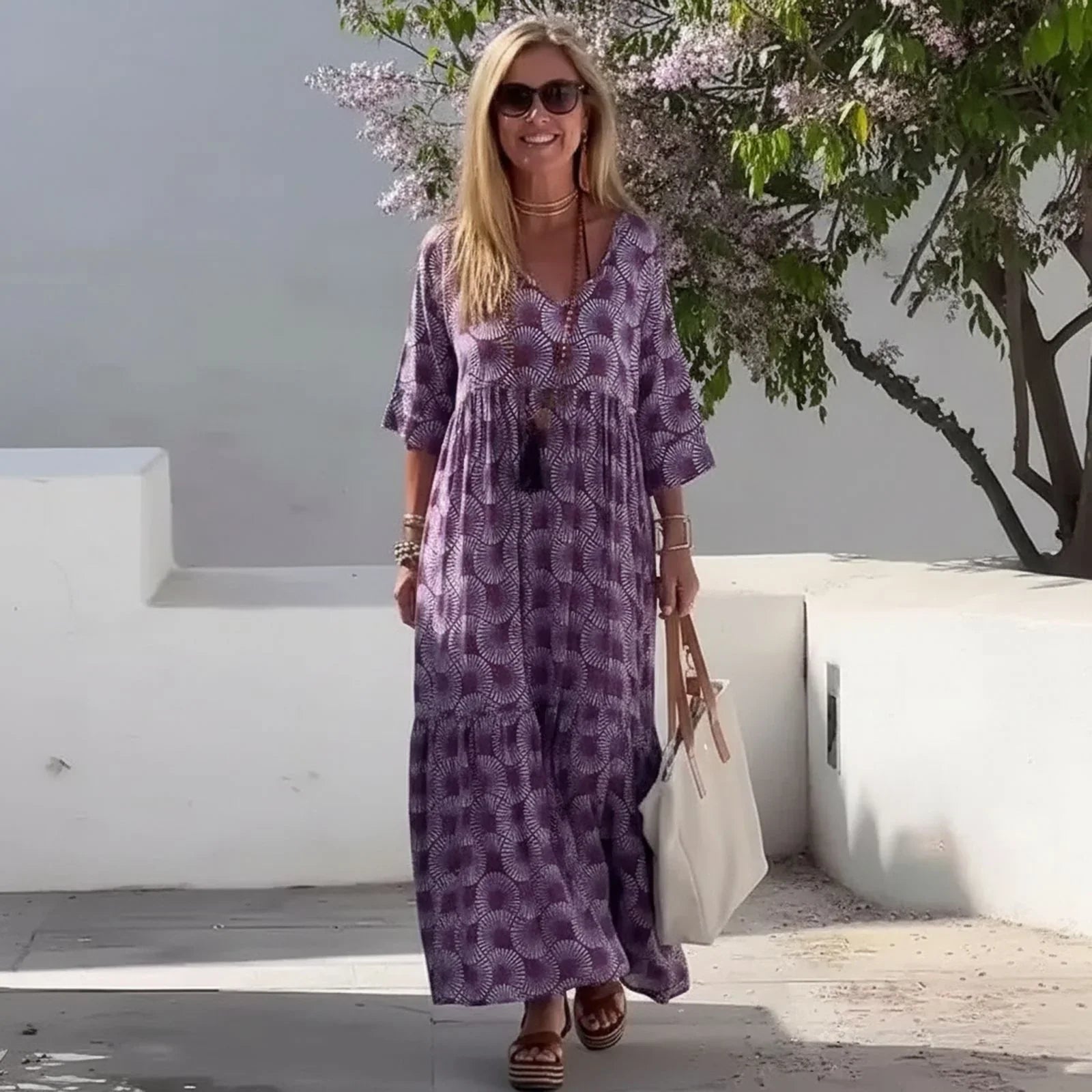 Vestido Maresa Palma™ com Estampa Boho Chique em Roxo / Leveza e Personalidade em Cada Passo!