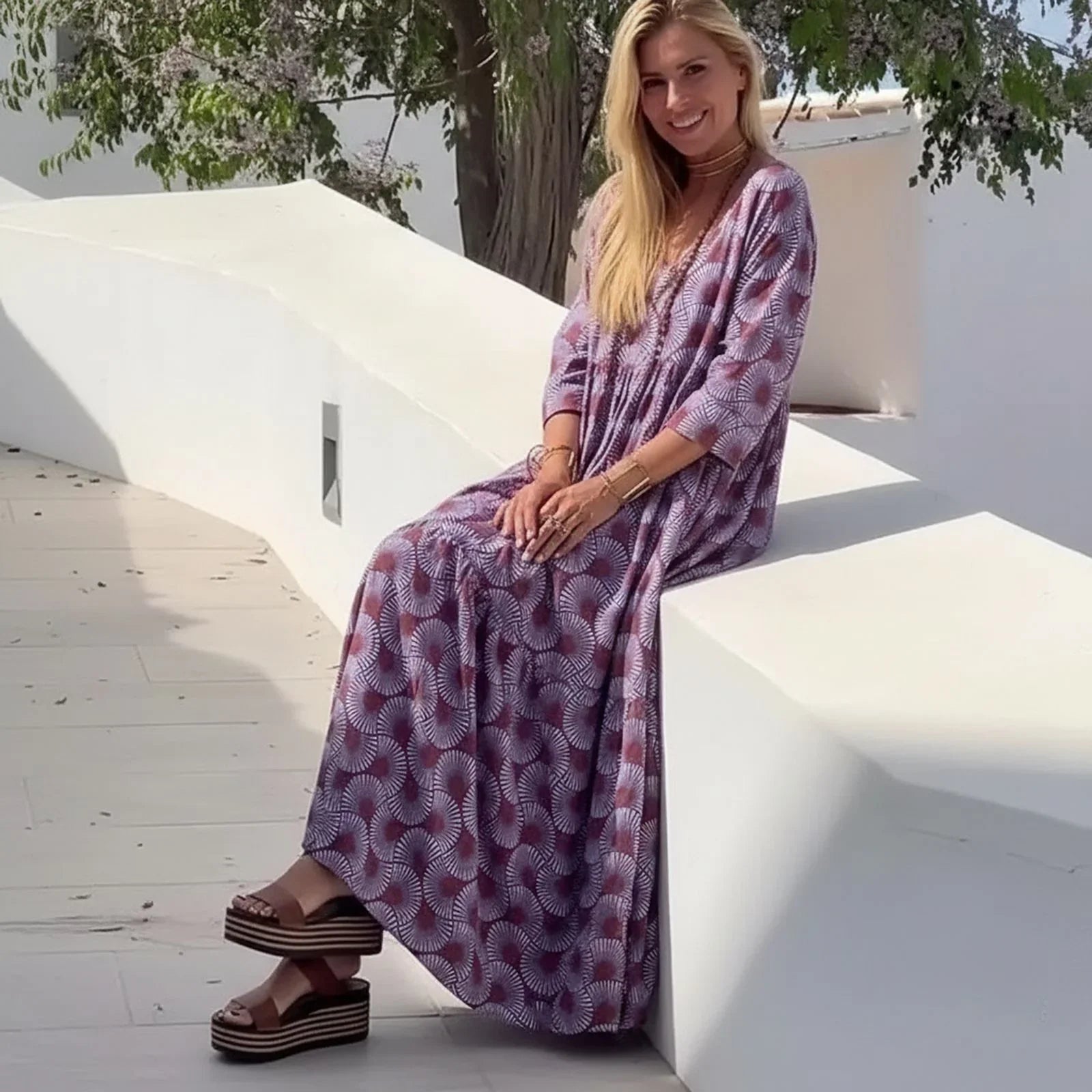 Vestido Maresa Palma™ com Estampa Boho Chique em Roxo / Leveza e Personalidade em Cada Passo!