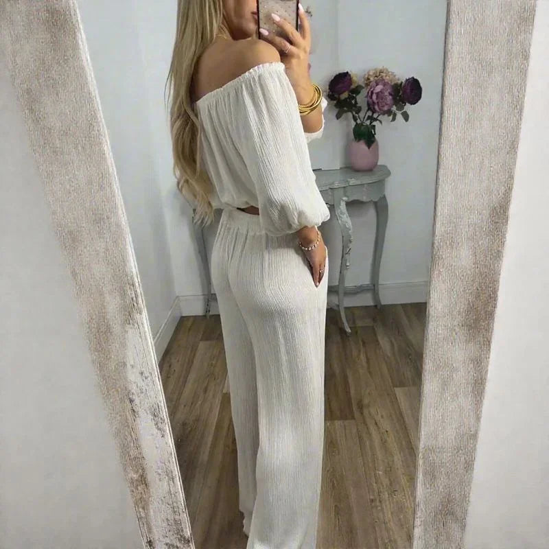 Conjunto Esther™ em Viscose Texturizada com Top Ombro a Ombro e Calça Soltinha / Elegância Descomplicada que Acompanha Seu Ritmo!