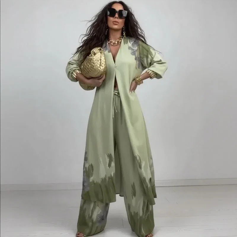 Conjunto Miranda™ em Viscose Acetinada com Camisa Kimono Fluida / Sofisticação Leve para Mulheres de Presença!