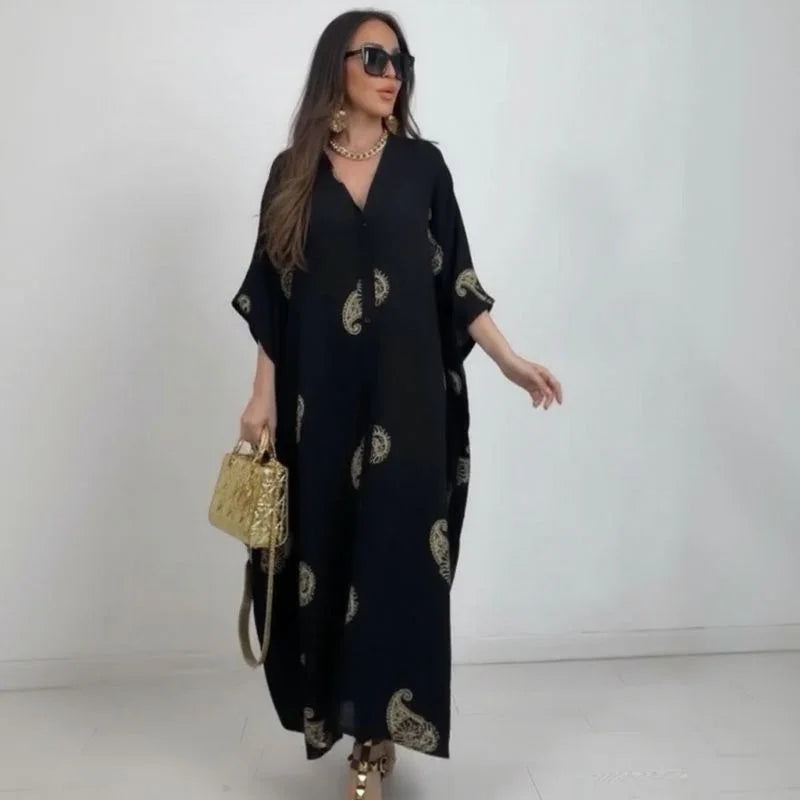 Vestido Marroquina™ Em Viscose Fluída com Adornos Dourados / Sofisticação Escultural para Mulheres de Presença Marcante!