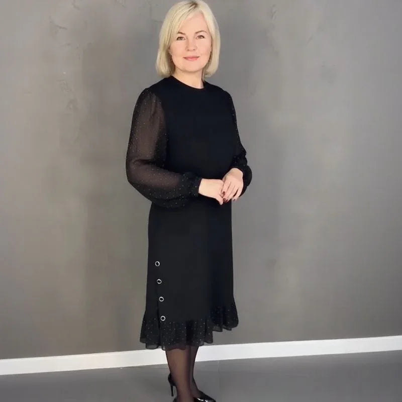 Vestido Madame Elisa™ com Mangas Longas Translúcidas e Detalhes Delicados / Elegância Clássica que Nunca Sai de Cena!