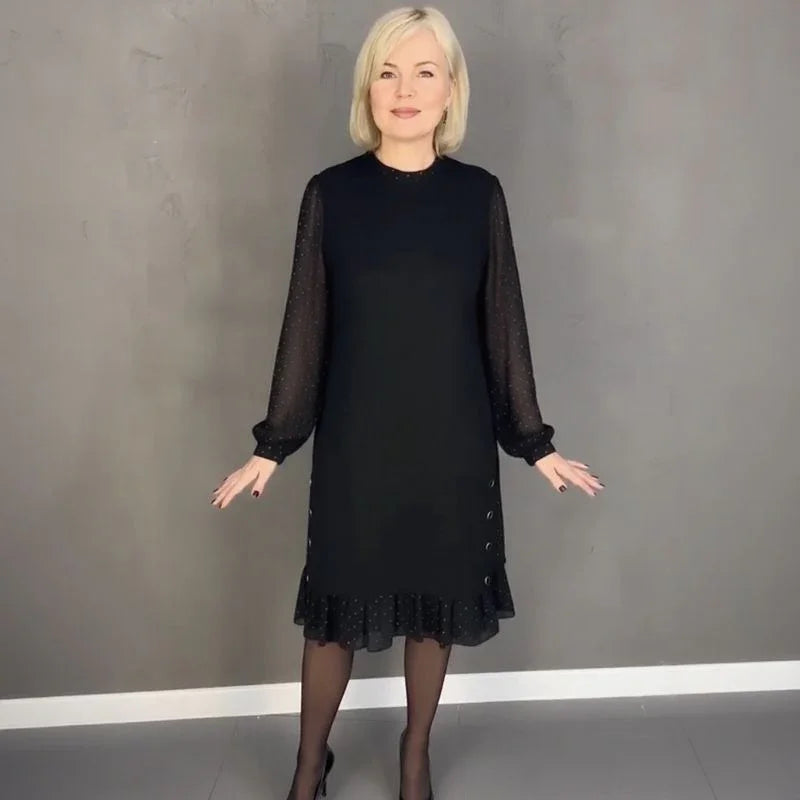 Vestido Madame Elisa™ com Mangas Longas Translúcidas e Detalhes Delicados / Elegância Clássica que Nunca Sai de Cena!