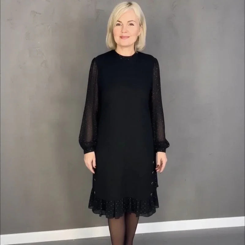 Vestido Madame Elisa™ com Mangas Longas Translúcidas e Detalhes Delicados / Elegância Clássica que Nunca Sai de Cena!