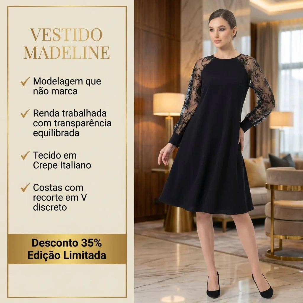 Vestido Madeline™ em Crepe Italiano com Mangas Translucidas
