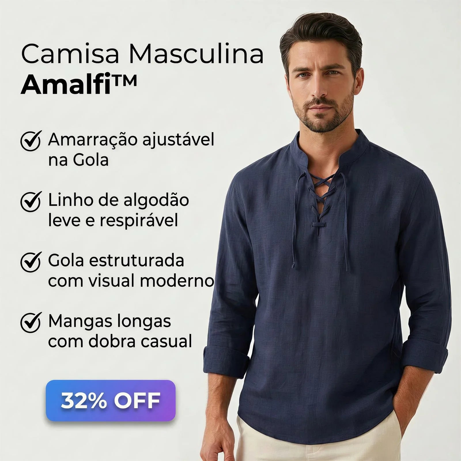 Camisa Masculina Amalfi™ em Linho de Algodão com Amarração Ajustável
