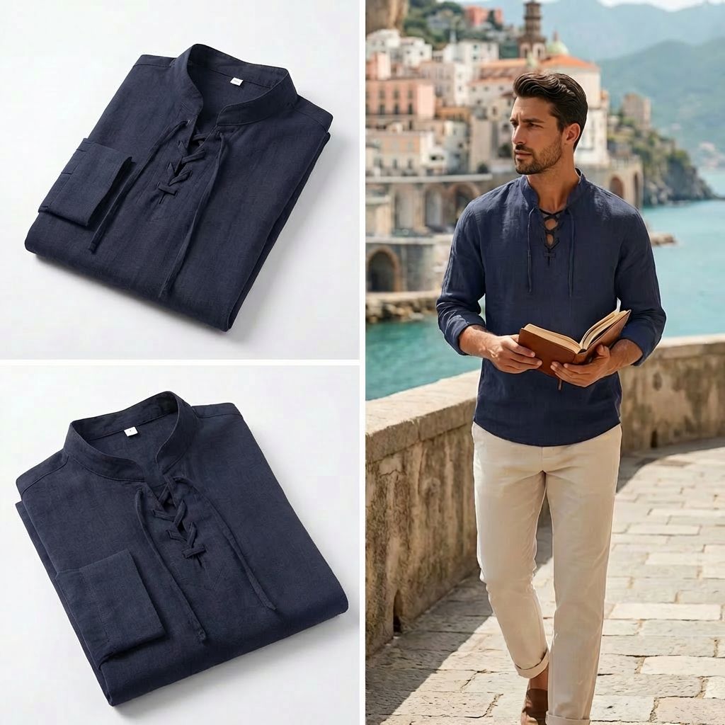 Camisa Masculina Amalfi™ em Linho de Algodão com Amarração Ajustável