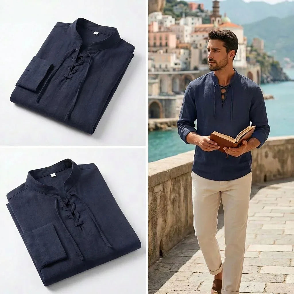 Camisa Masculina Amalfi™ em Linho de Algodão com Amarração Ajustável