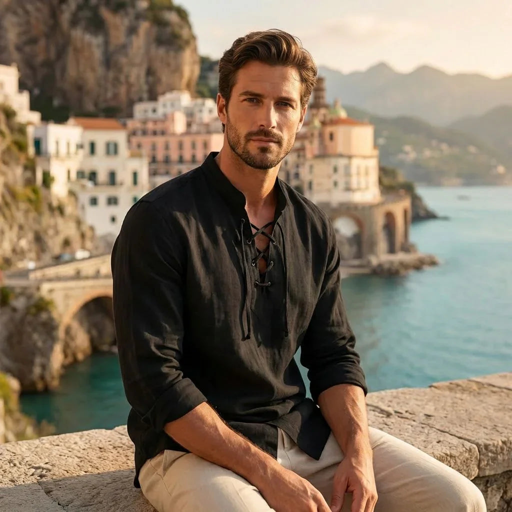 Camisa Masculina Amalfi™ em Linho de Algodão com Amarração Ajustável