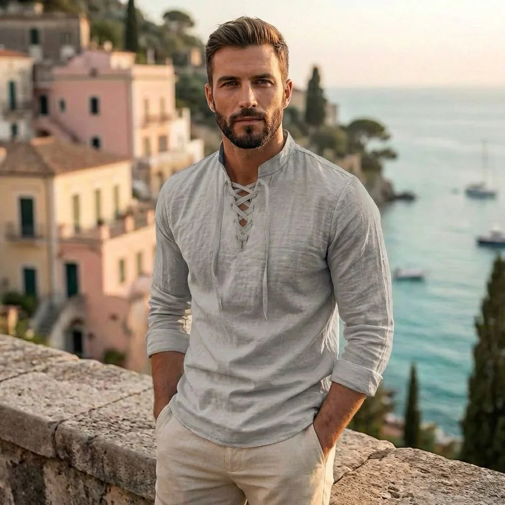 Camisa Masculina Amalfi™ em Linho de Algodão com Amarração Ajustável