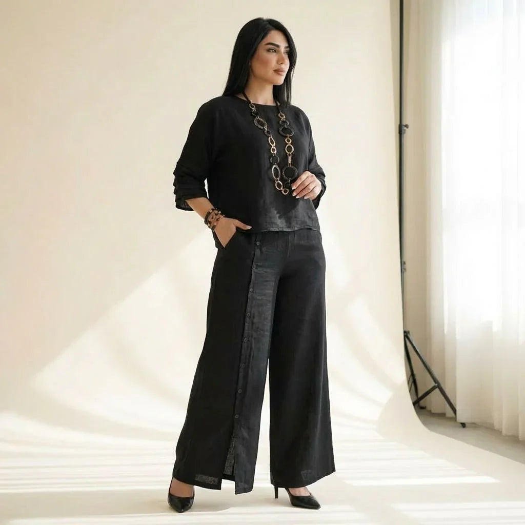 Conjunto Raízes™ Em Linho de Algodão com Blusa Confortável e Calça Elegante