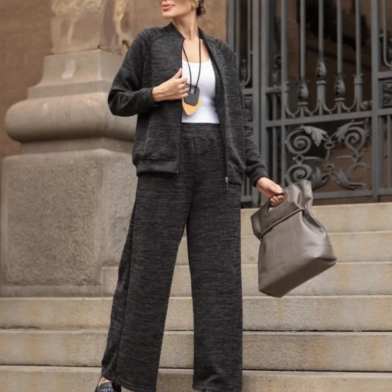 Conjunto Meridian™ em Malha Canelada com Calça Casual-Chic