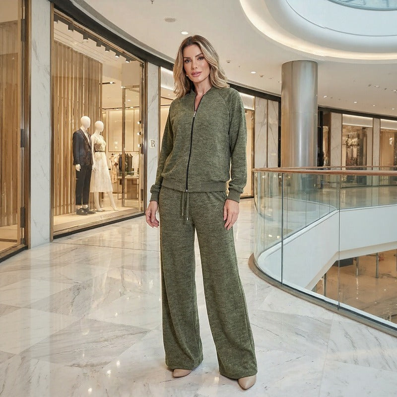 Conjunto Meridian™ em Malha Canelada com Calça Casual-Chic