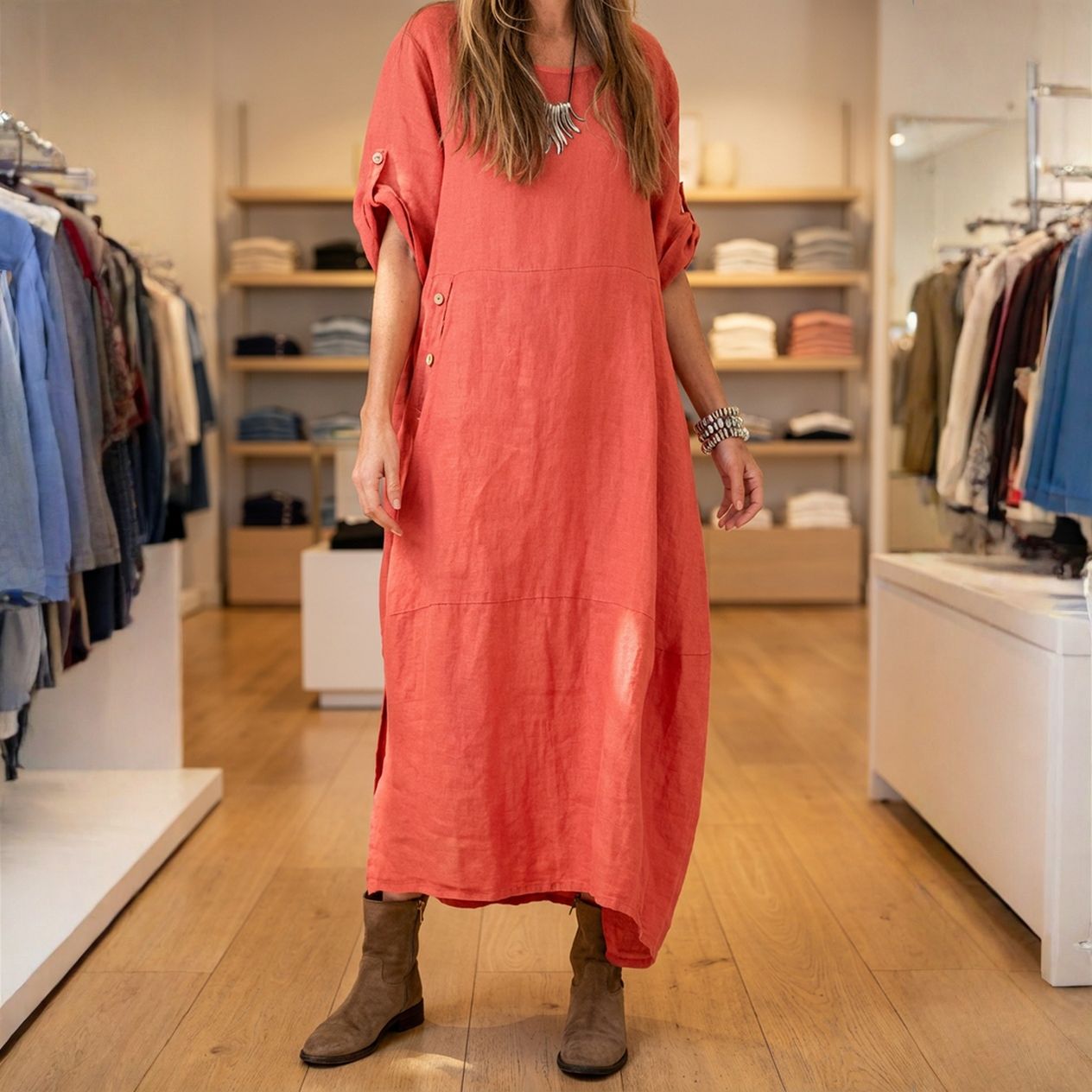 Vestido Aurores™ em Linho de Algodão com Fenda Lateral / Envolva-se na Elegância Minimalista que Somente Este Vestido Proporciona!!