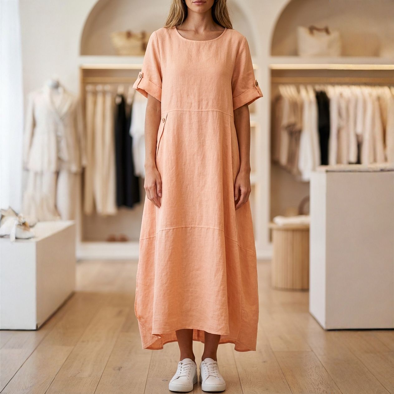 Vestido Aurores™ em Linho de Algodão com Fenda Lateral / Envolva-se na Elegância Minimalista que Somente Este Vestido Proporciona!!