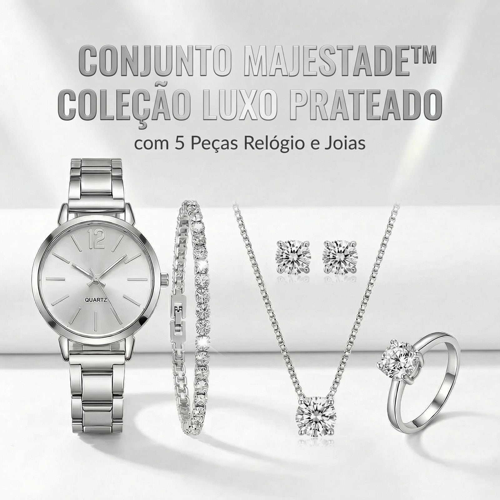 Conjunto Majestade™ Coleção Luxo Prateado com 5 Peças Relógio e Joias