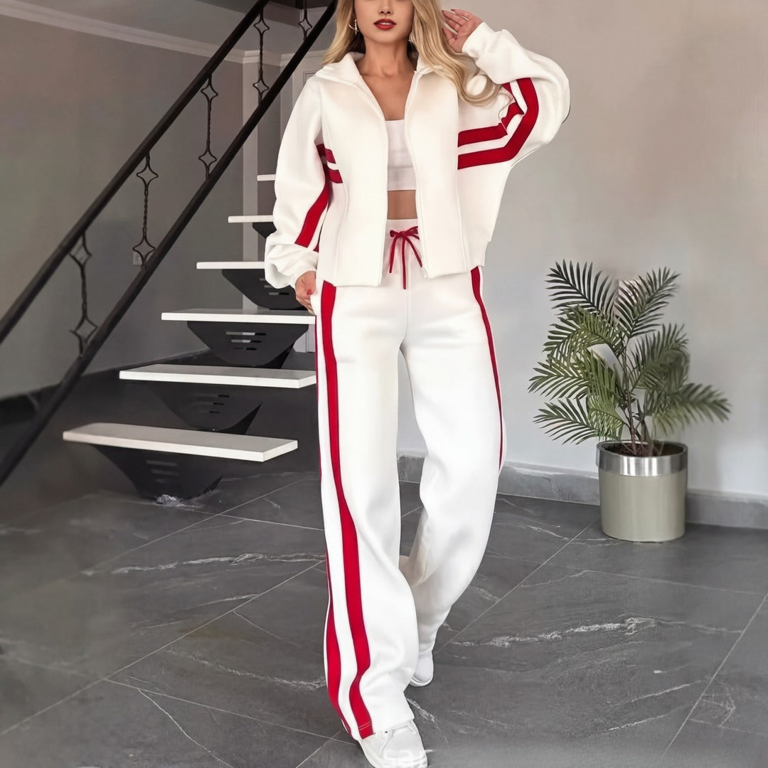 Conjunto Angelina™ com Jaqueta de Gola Alta e Listras Modernas