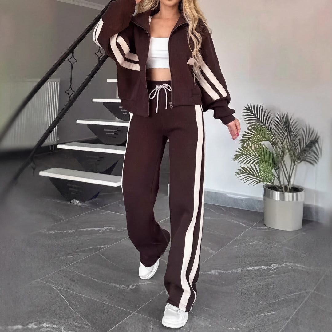 Conjunto Angelina™ com Jaqueta de Gola Alta e Listras Modernas