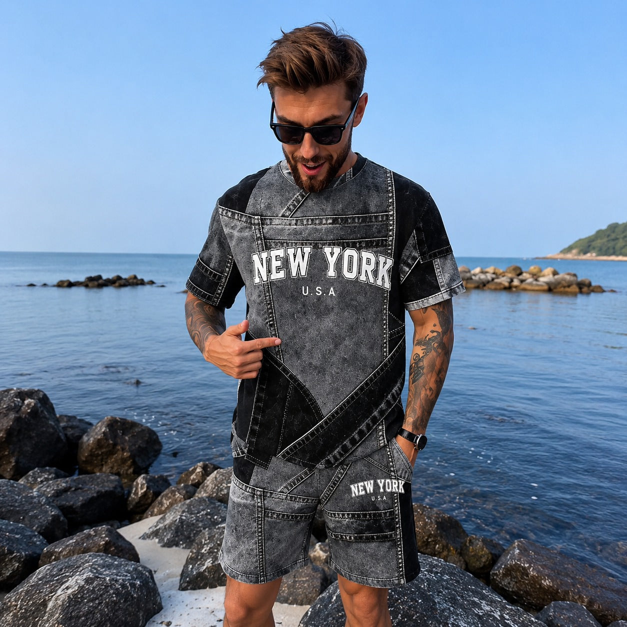 Conjunto Dominic™ Padrão Denim com Camiseta Manga Curta