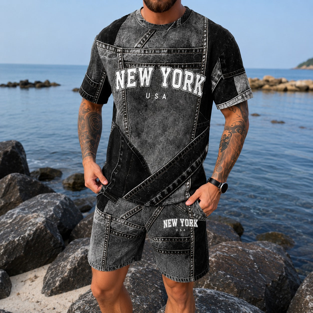 Conjunto Dominic™ Padrão Denim com Camiseta Manga Curta