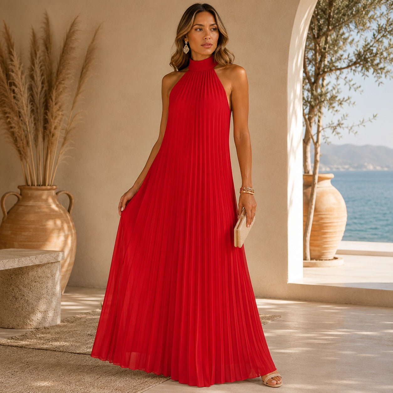 Vestido Longo Sicília™ com Plissado Elegante e Gola Alta Sem Mangas
