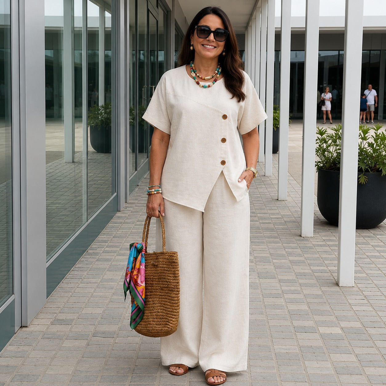 Conjunto Savena™ com Blusa de Design Assimétrico e Botões Frontais, Calça Pantalona de Cintura Alta