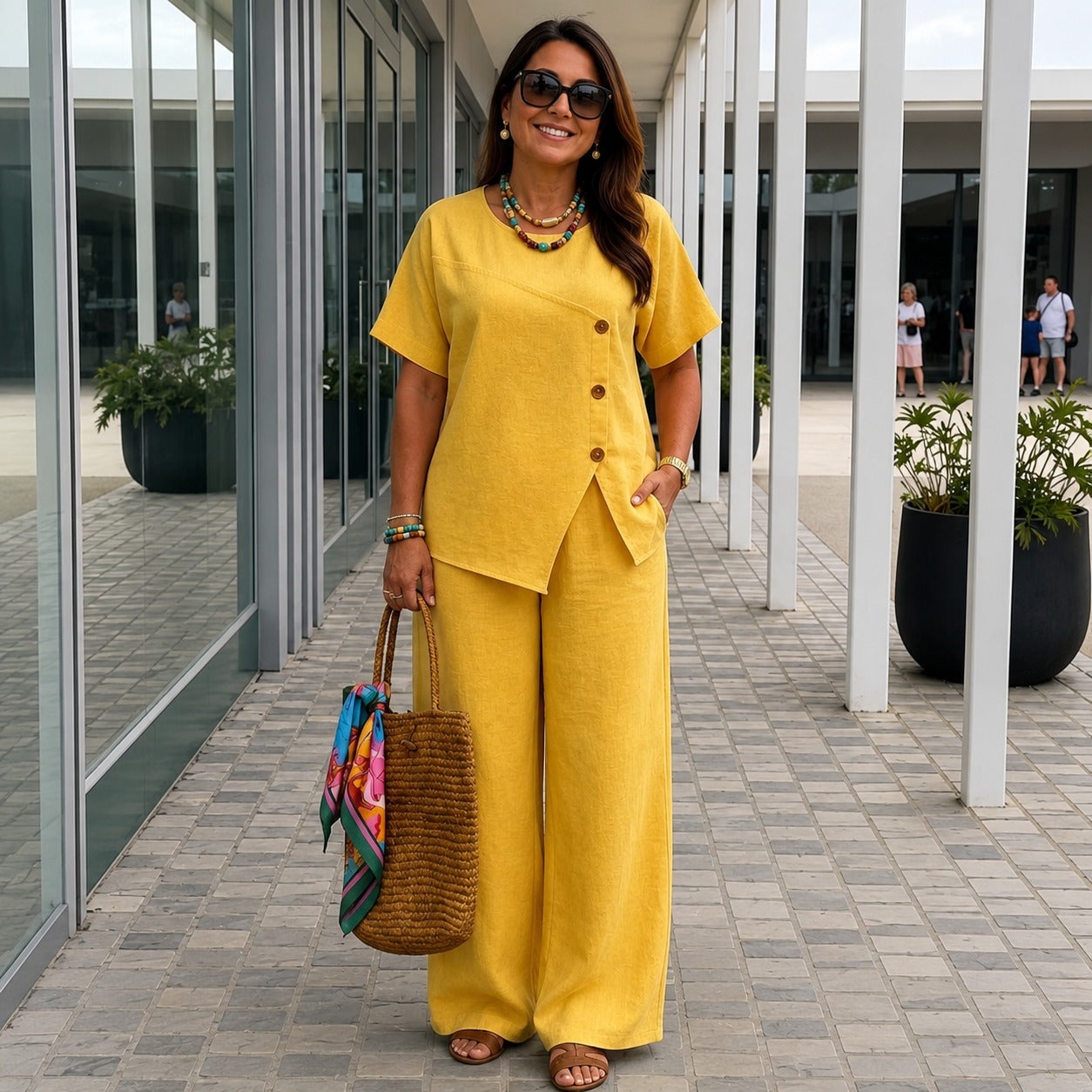 Conjunto Savena™ com Blusa de Design Assimétrico e Botões Frontais, Calça Pantalona de Cintura Alta