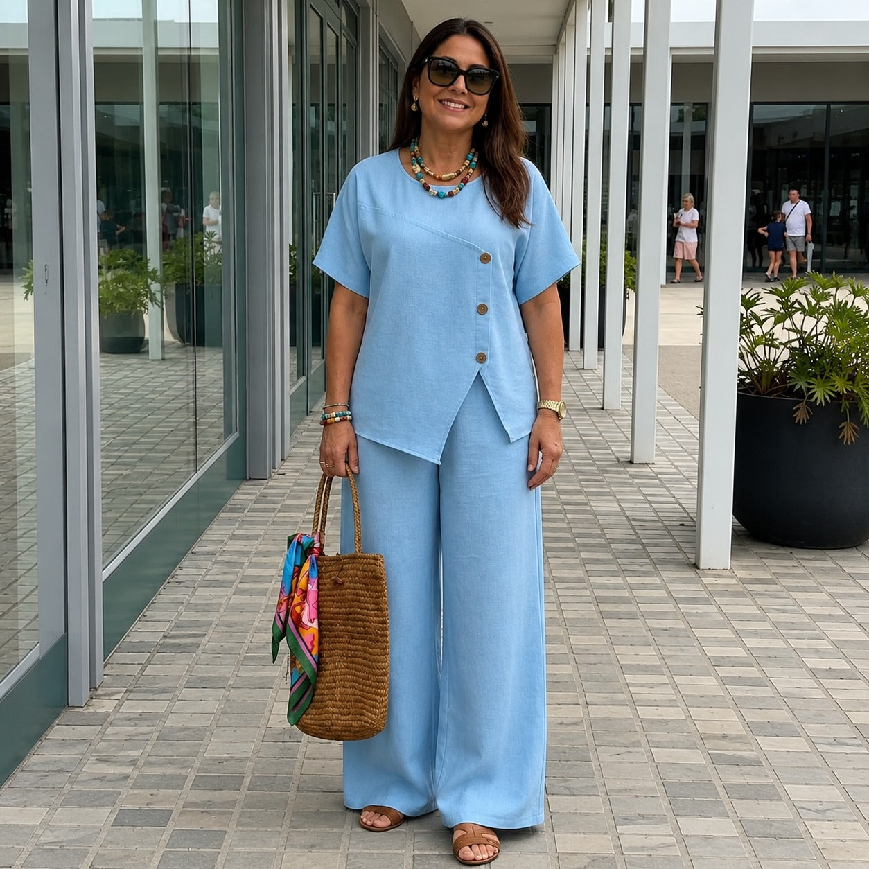 Conjunto Savena™ com Blusa de Design Assimétrico e Botões Frontais, Calça Pantalona de Cintura Alta