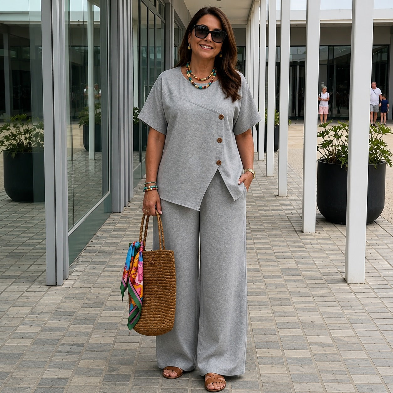 Conjunto Savena™ com Blusa de Design Assimétrico e Botões Frontais, Calça Pantalona de Cintura Alta