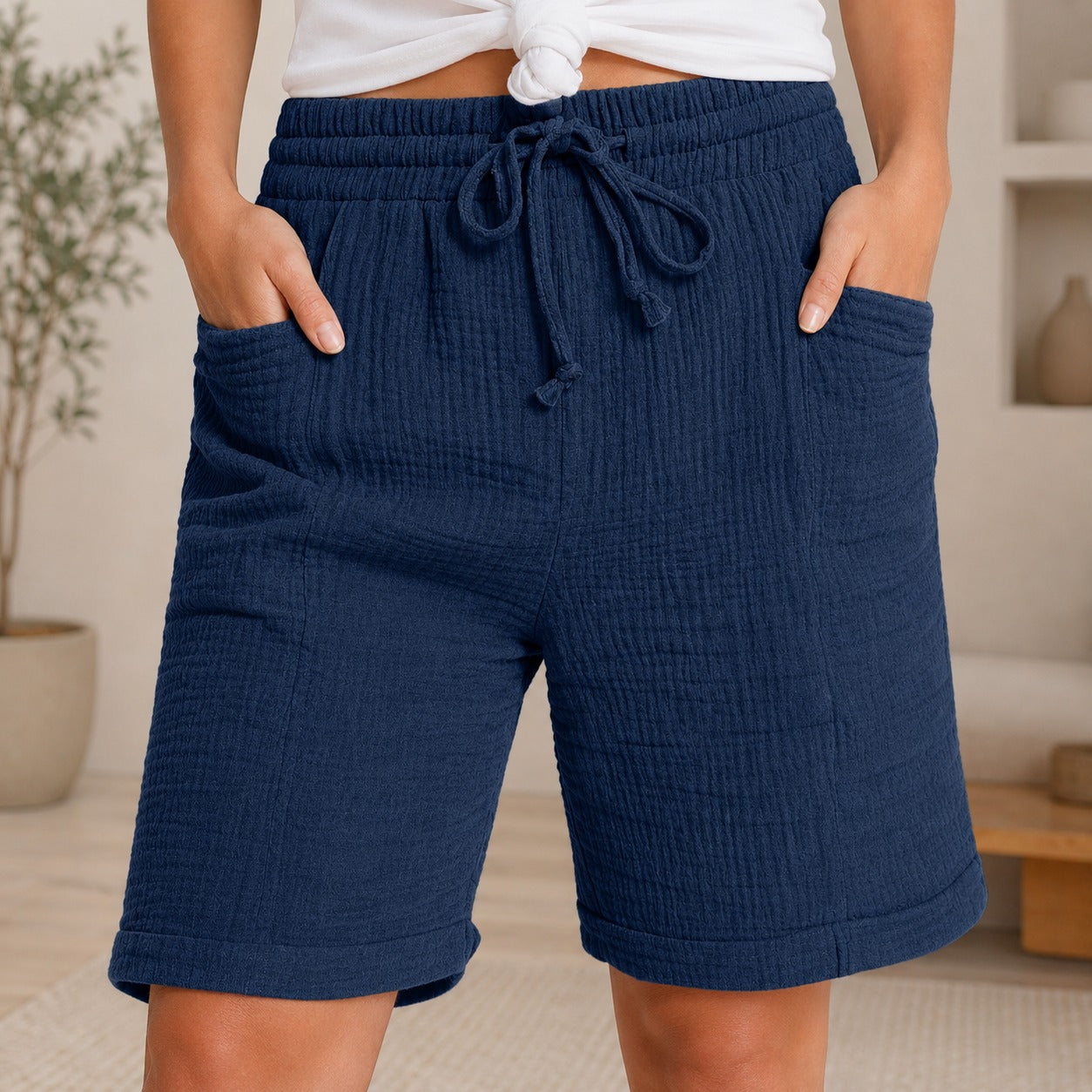 Shorts Estela™ em Algodão Respirável Plissado com Cintura Alta / Conforto Leve Para Os Dias Quentes