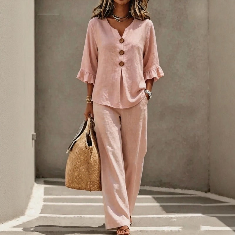 Conjunto Carmelle™ Com Camisa De Botões, Mangas Com Babados E Calça Pantalona / Leveza Sofisticada Para Dias Quentes