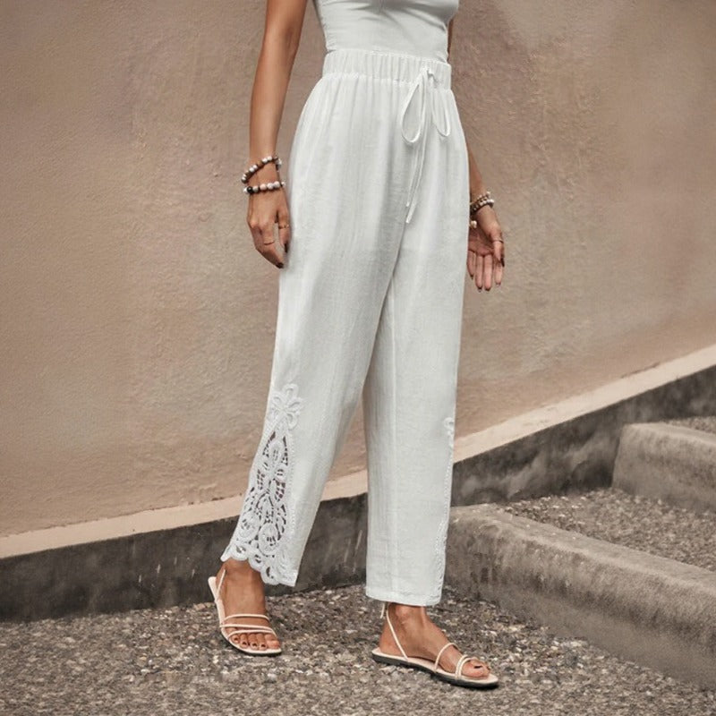 Calça Vionna™ Com Bordado Vazado Na Barra E Caimento Leve / Elegância Casual Sem Apertar