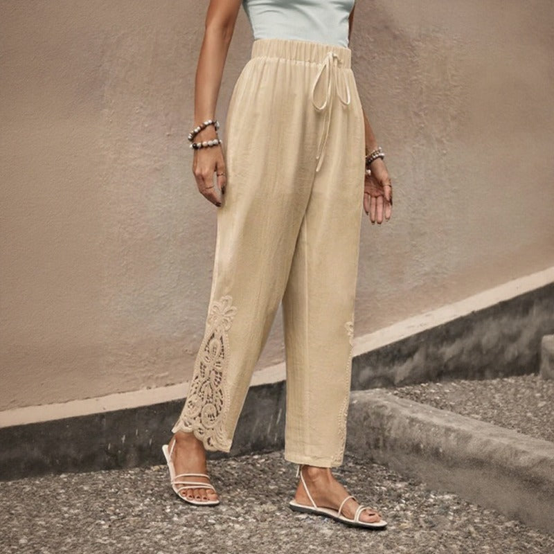 Calça Vionna™ Com Bordado Vazado Na Barra E Caimento Leve / Elegância Casual Sem Apertar