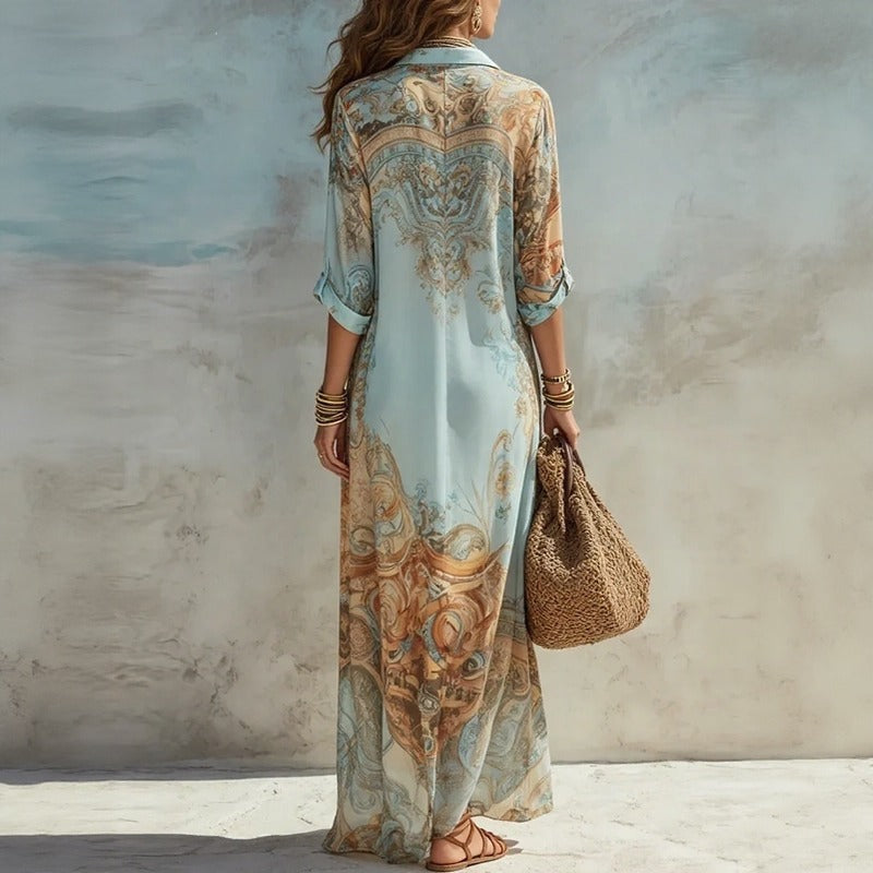 Vestido Doravie™ Chemise Longo Com Estampa Ornamental / Movimento Refinado A Cada Passo Do Seu Dia